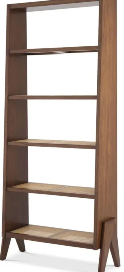 Casa Padrino Luxus Regalschrank Braun / Naturfarben 95 x 36 x H. 211 cm - Edler Massivholz Schrank mit Rattangeflecht - Wohnzimmerschrank - Büroschrank - Luxus Möbel