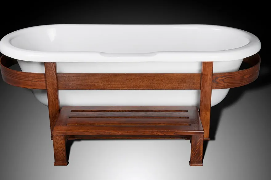 Casa Padrino Luxus Retro Badewanne Weiß / Dunkelbraun 178 x 76 x H. 73 cm - Freistehende Badewanne mit Holzrahmen und Stufe - Retro Badezimmer Möbel