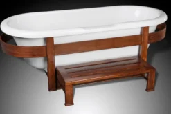Casa Padrino Luxus Retro Badewanne Weiß / Dunkelbraun 178 x 76 x H. 73 cm - Freistehende Badewanne mit Holzrahmen und Stufe - Retro Badezimmer Möbel