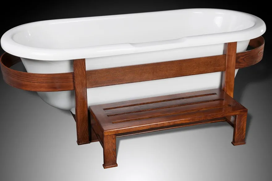 Casa Padrino Luxus Retro Badewanne Weiß / Dunkelbraun 178 x 76 x H. 73 cm - Freistehende Badewanne mit Holzrahmen und Stufe - Retro Badezimmer Möbel