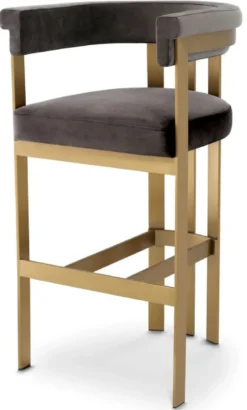 Casa Padrino Luxus Samt Barstuhl mit Armlehnen Grau / Messing 56 x 56 x H. 104 cm - Gepolsterter Barhocker - Bar Möbel - Luxus Möbel - Luxus Qualität