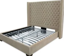 Casa Padrino Luxus Samt Doppelbett Sandfarben / Schwarz 220 x 218 x H. 180 cm - Massivholz Bett mit edlem Chesterfield Kopfteil - Schlafzimmer Möbel