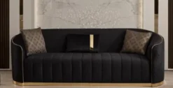 Casa Padrino Luxus Samt 3er Sofa Schwarz / Gold 240 x 95 x H. 74 cm - Wohnzimmer Sofa mit edlem Samtstoff - Wohnzimmer Möbel - Luxus Möbel - Wohnzimmer Einrichtung - Luxus Einrichtung