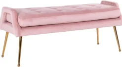 Casa Padrino Luxus Samt Sitzbank Rosa / Gold 121,5 x 45 x H. 51,5 cm - Gepolsterte Massivholz Bank mit edlem Samtstoff und Edelstahl Beinen - Luxus Kollektion