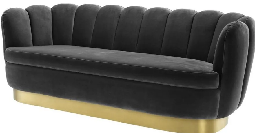 Casa Padrino Luxus Samt Sofa Dunkelgrau / Messingfarben 225 x 90 x H. 80 cm - Wohnzimmer Sofa - Luxus Qualität
