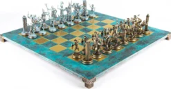 Casa Padrino Luxus Schach Set Türkis / Messing 54 x 54 cm - Griechisches Schachspiel - Messing Schachbrett mit Schachfiguren - Luxus Deko Accessoires - Luxus Schachspiele