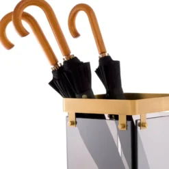 Casa Padrino Luxus Schirmständer Antik Messing / Grau 29,5 x 29,5 x H. 60,5 cm - Metall Regenschirm Ständer mit getöntem Glas - Hotel & Restaurant Accessoires - Luxus Accessoires