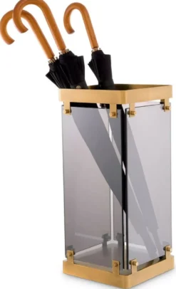 Casa Padrino Luxus Schirmständer Antik Messing / Grau 29,5 x 29,5 x H. 60,5 cm - Metall Regenschirm Ständer mit getöntem Glas - Hotel & Restaurant Accessoires - Luxus Accessoires
