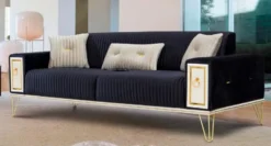 Casa Padrino Luxus Schlafsofa Dunkelblau / Weiß / Gold 220 x 90 x H. 80 cm - Modernes Wohnzimmer Sofa - Wohnzimmer Möbel