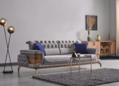 Casa Padrino Luxus Schlafsofa Grau / Braun / Gold 232 x 92 x H. 85 cm - Wohnzimmer Sofa mit 2 Kissen - Luxus Wohnzimmer Möbel