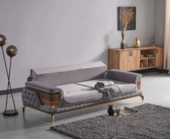 Casa Padrino Luxus Schlafsofa Grau / Braun / Gold 232 x 92 x H. 85 cm - Wohnzimmer Sofa mit 2 Kissen - Luxus Wohnzimmer Möbel