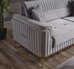 Casa Padrino Luxus Schlafsofa Hellgrau / Braun / Gold 228 x 94 x H. 88 cm - Wohnzimmer Sofa mit 3 Kissen - Luxus Wohnzimmer Möbel