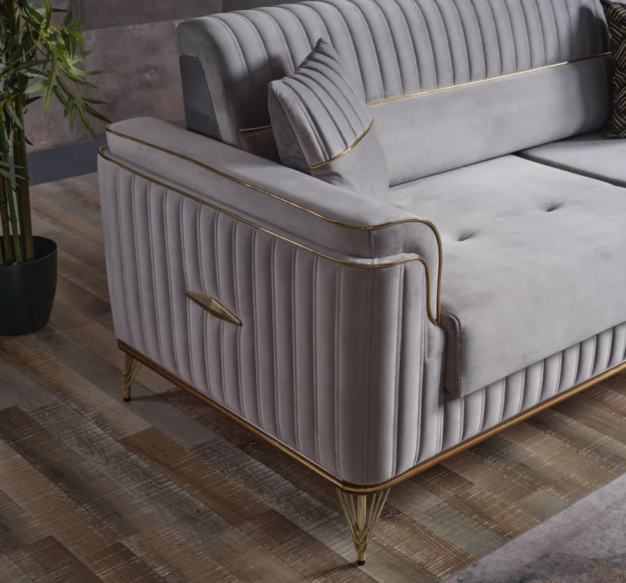 Casa Padrino Luxus Schlafsofa Hellgrau / Braun / Gold 228 x 94 x H. 88 cm - Wohnzimmer Sofa mit 3 Kissen - Luxus Wohnzimmer Möbel