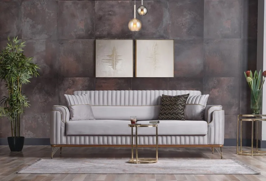 Casa Padrino Luxus Schlafsofa Hellgrau / Braun / Gold 228 x 94 x H. 88 cm - Wohnzimmer Sofa mit 3 Kissen - Luxus Wohnzimmer Möbel