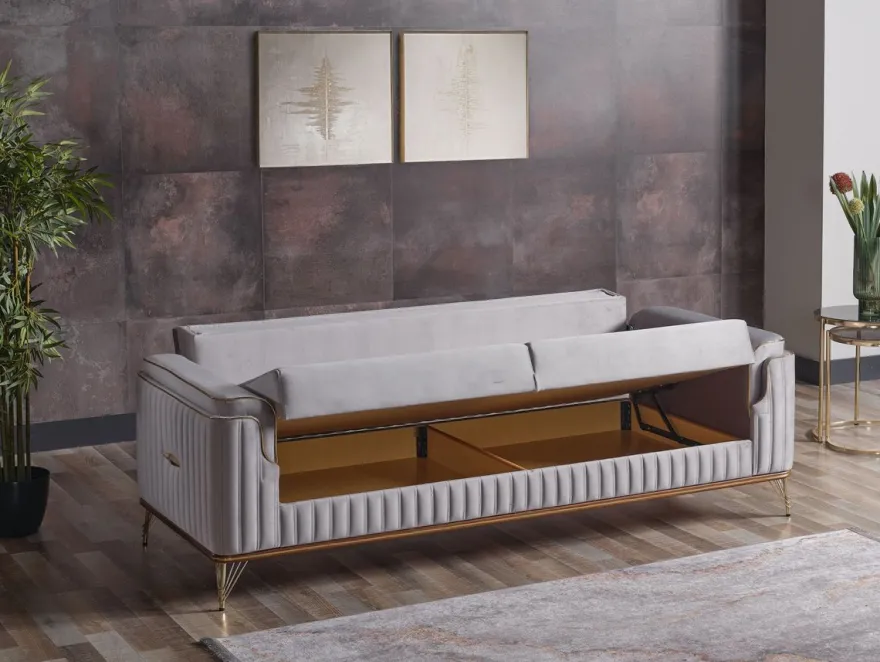 Casa Padrino Luxus Schlafsofa Hellgrau / Braun / Gold 228 x 94 x H. 88 cm - Wohnzimmer Sofa mit 3 Kissen - Luxus Wohnzimmer Möbel