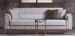 Casa Padrino Luxus Schlafsofa Hellgrau / Braun / Gold 228 x 94 x H. 88 cm - Wohnzimmer Sofa mit 3 Kissen - Luxus Wohnzimmer Möbel
