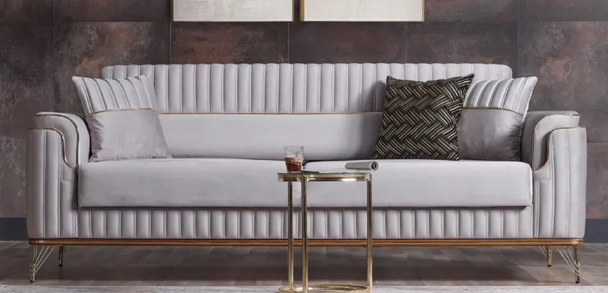 Casa Padrino Luxus Schlafsofa Hellgrau / Braun / Gold 228 x 94 x H. 88 cm - Wohnzimmer Sofa mit 3 Kissen - Luxus Wohnzimmer Möbel