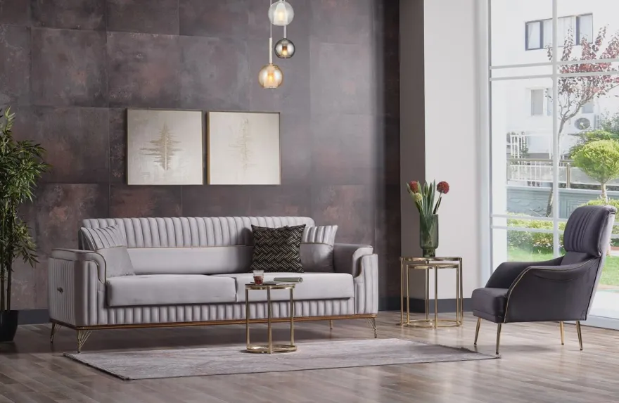 Casa Padrino Luxus Schlafsofa Hellgrau / Braun / Gold 228 x 94 x H. 88 cm - Wohnzimmer Sofa mit 3 Kissen - Luxus Wohnzimmer Möbel