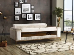 Casa Padrino Luxus Schlafsofa Creme / Braun / Gold 225 x 92 x H. 83 cm - Wohnzimmer Sofa mit 3 Kissen - Luxus Wohnzimmer Möbel