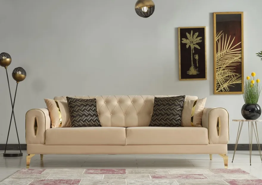Casa Padrino Luxus Schlafsofa Beige / Gold 225 x 95 x H. 83 cm - Wohnzimmer Sofa mit 4 Kissen - Luxus Wohnzimmer Möbel