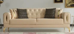 Casa Padrino Luxus Schlafsofa Beige / Gold 225 x 95 x H. 83 cm - Wohnzimmer Sofa mit 4 Kissen - Luxus Wohnzimmer Möbel