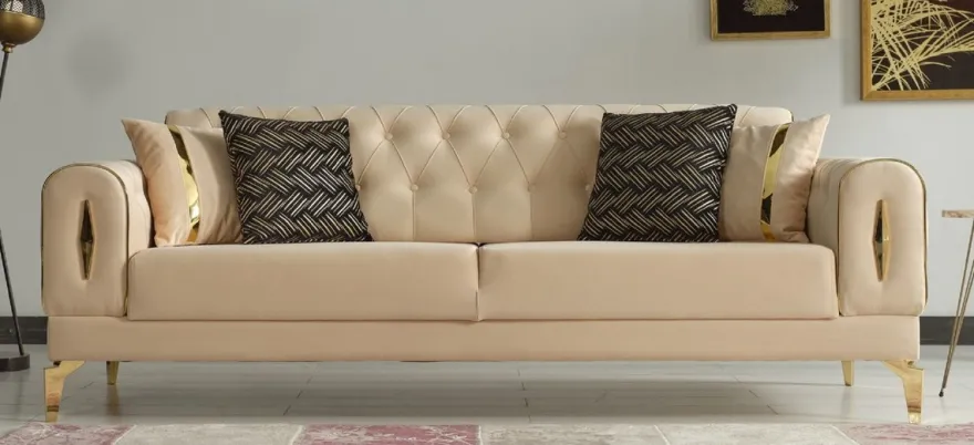 Casa Padrino Luxus Schlafsofa Beige / Gold 225 x 95 x H. 83 cm - Wohnzimmer Sofa mit 4 Kissen - Luxus Wohnzimmer Möbel