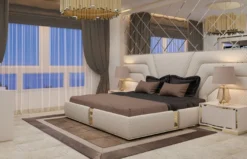 Casa Padrino Luxus Schlafzimmer Set Cremefarben / Gold - Modernes Doppelbett mit Kopfteil & 2 Nachttische - Hotel Möbel