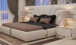 Casa Padrino Luxus Schlafzimmer Set Cremefarben / Gold - Modernes Doppelbett mit Kopfteil & 2 Nachttische - Hotel Möbel