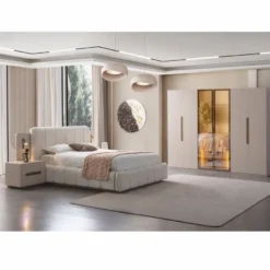 Casa Padrino Luxus Schlafzimmer Set Weiß / Grau - 1 Doppelbett & 2 Nachttische