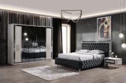 Casa Padrino Luxus Schlafzimmer Set Dunkelgrau / Weiß - 1 Doppelbett mit Kopfteil & 2 Nachttische - Schlafzimmer Möbel - Luxus Kollektion