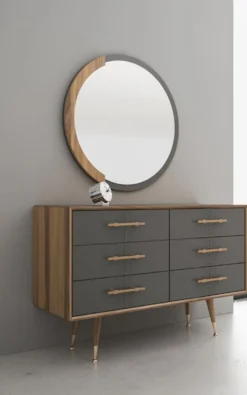 Casa Padrino Luxus Schlafzimmer Set Braun / Grau / Messingfarben - 1 Kommode mit 6 Schubladen & 1 Wandspiegel - Schlafzimmer Schrank mit Spiegel - Schlafzimmer Möbel - Luxus Kollektion