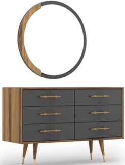 Casa Padrino Luxus Schlafzimmer Set Braun / Grau / Messingfarben - 1 Kommode mit 6 Schubladen & 1 Wandspiegel - Schlafzimmer Schrank mit Spiegel - Schlafzimmer Möbel - Luxus Kollektion
