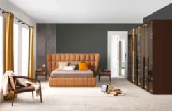 Casa Padrino Luxus Schlafzimmer Set Hellbraun / Braun - 1 Doppelbett mit Kopfteil & 2 Nachtkommoden - Luxus Schlafzimmer Möbel - Luxus Schlafzimmer Einrichtung