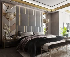 Casa Padrino Luxus Schlafzimmer Set Grau / Gold / Silber - 1 Doppelbett mit Kopfteil & 2 Nachtkommoden - Luxus Schlafzimmer Möbel - Hotel Möbel - Luxus Einrichtung - Hotel Einrichtung