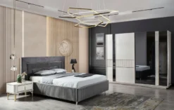 Casa Padrino Luxus Schlafzimmer Set Grau / Weiß / Gold - 1 Doppelbett mit Kopfteil & 2 Nachttische - Schlafzimmer Möbel - Luxus Kollektion