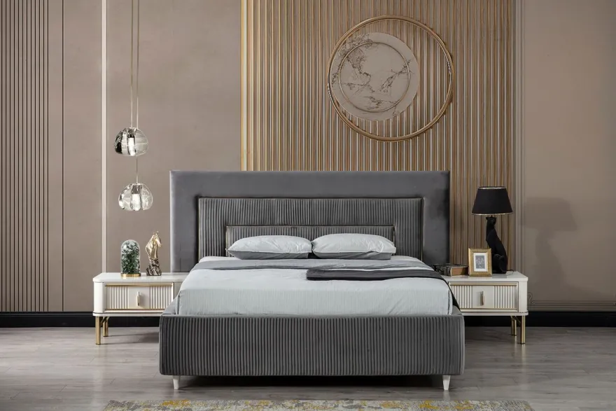 Casa Padrino Luxus Schlafzimmer Set Grau / Weiß / Gold - 1 Doppelbett mit Kopfteil & 2 Nachttische - Schlafzimmer Möbel - Luxus Kollektion