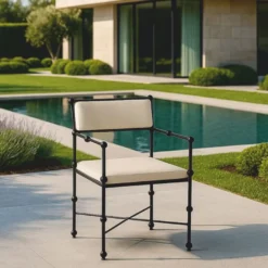 Casa Padrino Luxus Schmiedeeisen Gartenstuhl mit Armlehnen Beige / Schwarz H. 100 cm