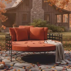 Casa Padrino Luxus Schmiedeeisen Liegeinsel Schwarz / Orange Ø 170 cm - Hotel & Garten Möbel