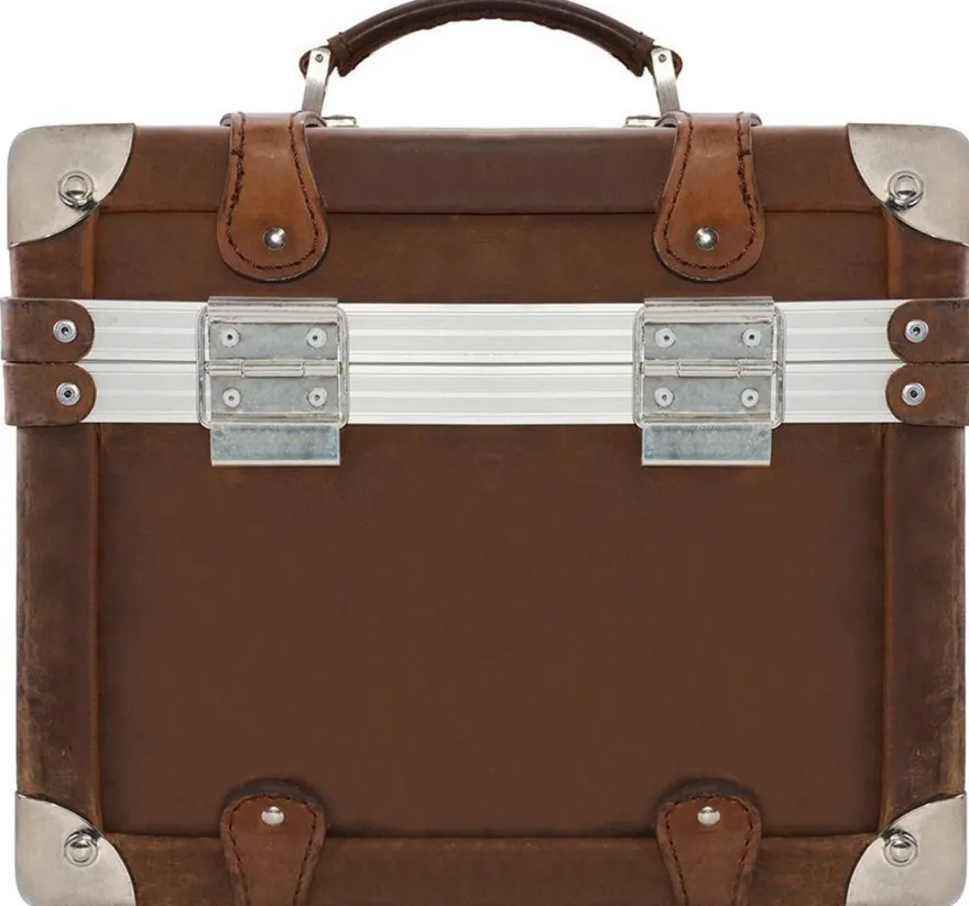 Casa Padrino Luxus Schminkkoffer Vintage Braun / Silber 33 x 21 x H. 28,5 cm - Handgefertigte wasserdichte Echtleder Schminktasche im Retro Design - Luxus Qualität