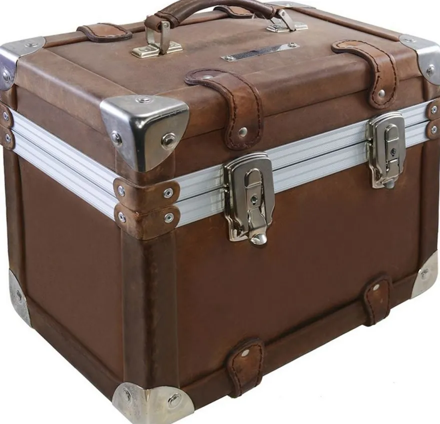 Casa Padrino Luxus Schminkkoffer Vintage Braun / Silber 33 x 21 x H. 28,5 cm - Handgefertigte wasserdichte Echtleder Schminktasche im Retro Design - Luxus Qualität