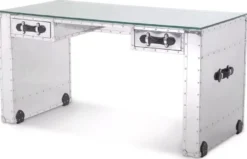 Casa Padrino Luxus Schreibtisch im Koffer Design Silber / Schwarz 150 x 72 x H. 76 cm - Aluminium Bürotisch mit Glasplatte - Aluminium Möbel - Büro Möbel - Luxus Möbel - Luxus Einrichtung