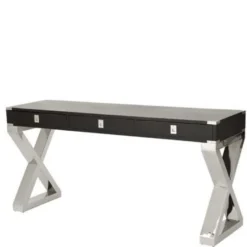 Casa Padrino Luxus Schreibtisch Schwarz / Edelstahl poliert - Schreibtisch in Schwarz und Edelstahl, 144 x 55 x H. 78 cm