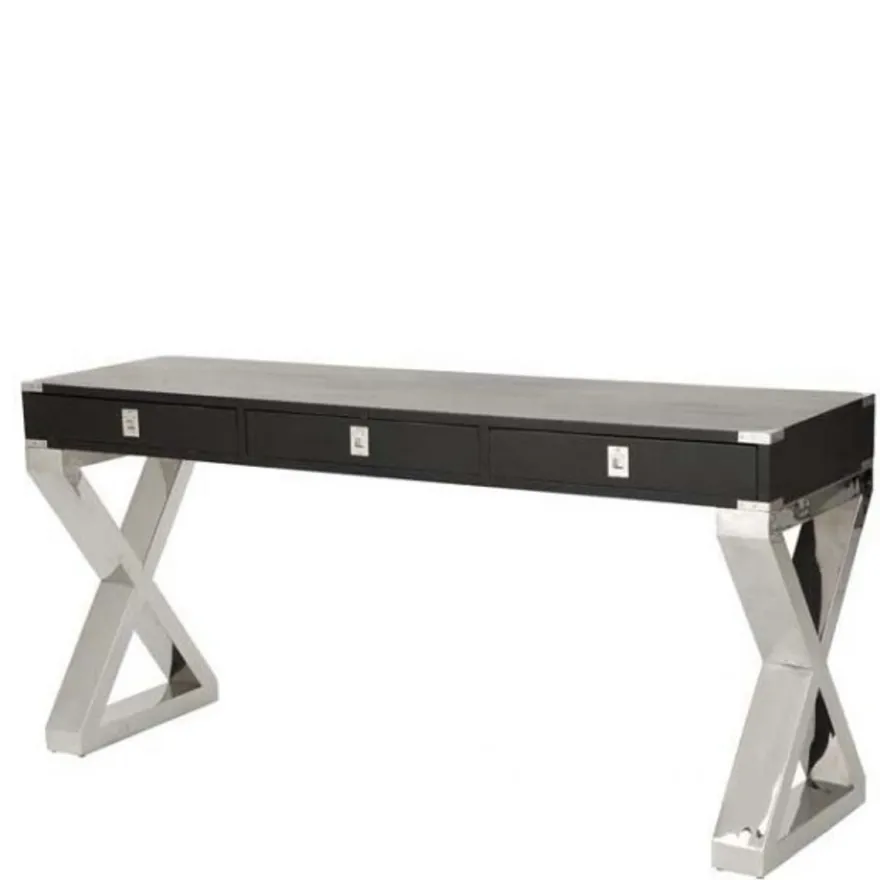 Casa Padrino Luxus Schreibtisch Schwarz / Edelstahl poliert - Schreibtisch in Schwarz und Edelstahl, 144 x 55 x H. 78 cm