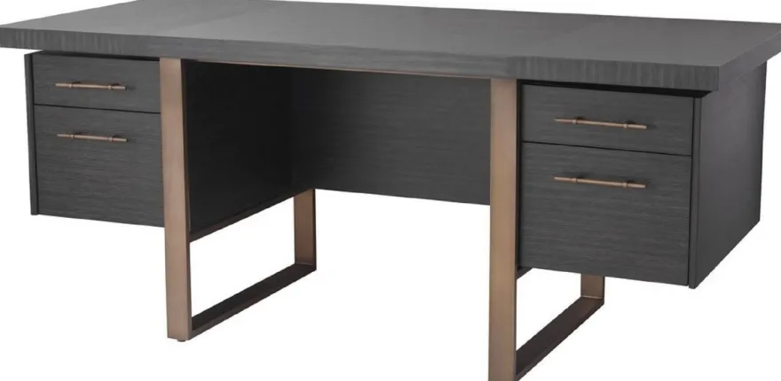 Casa Padrino Luxus Schreibtisch Anthrazitgrau / Bronzefarben 180 x 80 x H. 76 cm - Eleganter Massivholz Schreibtisch mit 4 Schubladen - Luxus Büro Möbel