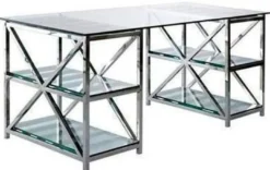 Casa Padrino Luxus Schreibtisch Silber 175 x 79 x H. 76 cm - Metall Bürotisch mit Glasplatten - Computertisch - Luxus Büro Möbel