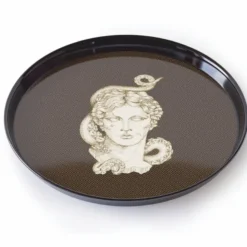 Casa Padrino Luxus Serviertablett Schwarz / Gold / Weiß / Braun Ø 40 cm - Rundes Metall Tablett - Gastronomie Accessoires - Handbemalt in Italien
