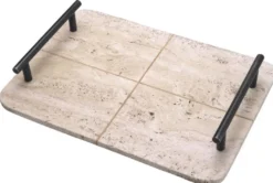 Casa Padrino Luxus Serviertablett Beige / Bronze 48 x 34 x H. 8 cm - Rechteckiges Travertin Naturstein Tablett mit Tragegriffen - Gastronomie & Restaurant Accessoires - Luxus Accessoires