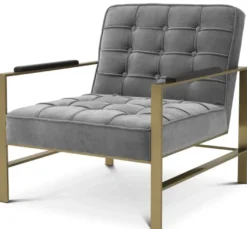 Casa Padrino Luxus Sessel Grau / Messingfarben / Schwarz 70,5 x 80,5 x H. 75 cm - Wohnzimmer Sessel mit Edelstahl Gestell - Luxus Wohnzimmer Möbel