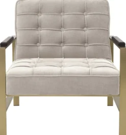 Casa Padrino Luxus Sessel Sandfarben / Messing / Schwarz 70,5 x 80,5 x H. 75 cm - Wohnzimmer Sessel mit Edelstahl Gestell - Luxus Wohnzimmer Möbel