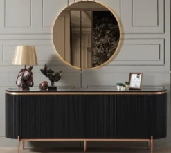 Casa Padrino Luxus Sideboard Schwarz / Kupferfarben 208 x 60 x H. 80 cm - Edler Schrank mit 4 Türen - Luxus Möbel